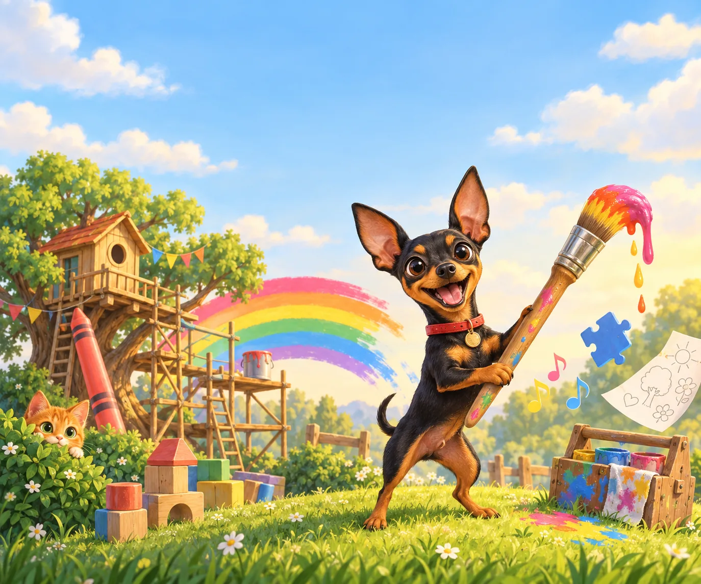 Rocko the little black-and-tan dog holds a giant paintbrush and paints a rainbow over a playground that is being built